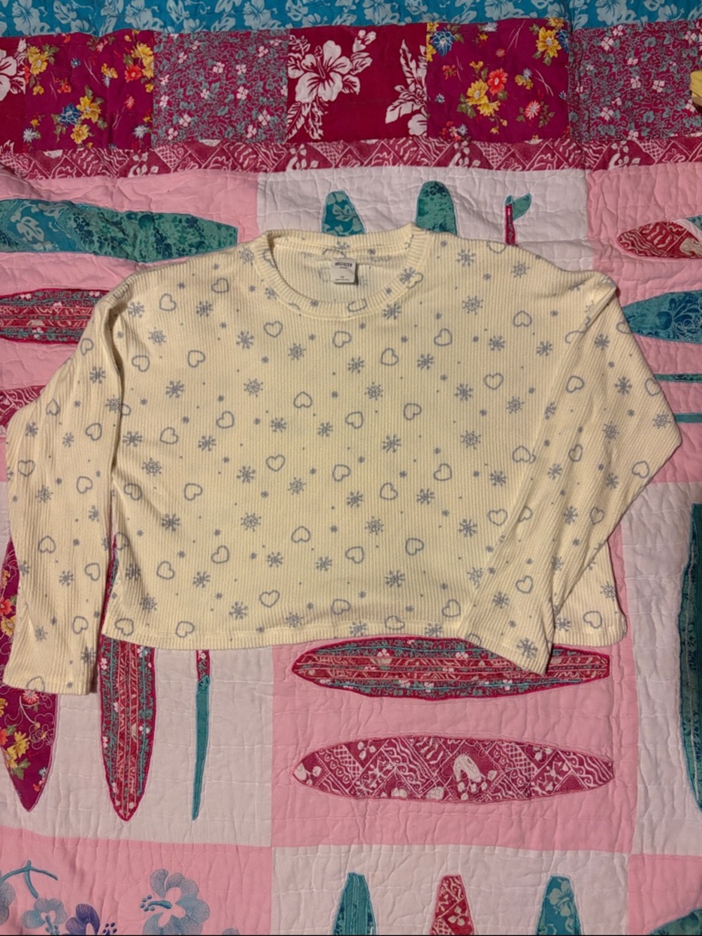 Hollister Cream Long Sleeve Ribbed Sweater with Grey Heart & Snowflake Print